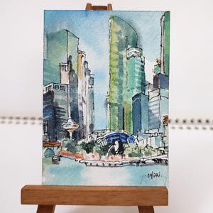 Merlion, Aceo originale, skyline di Singapore, penna a inchiostro, dipinto ad acquerello, arte murale, paesaggio id250618 non è una stampa