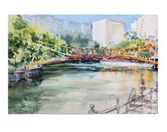 Alkaff Bridge, Robertson Quay, original watercolor painting, Singapore asia travel, not a print, landscape, wallart id231112