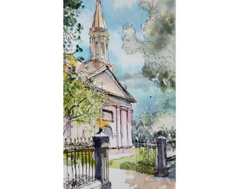 Church, ink and wash, Singapore painting, asia travel, not a print, landscape, wallart id230930