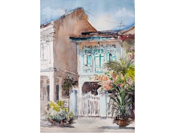 Old Houses, Blair Road, Singapore, original watercolor painting, asia travel, not a print, landscape, wallart id221013