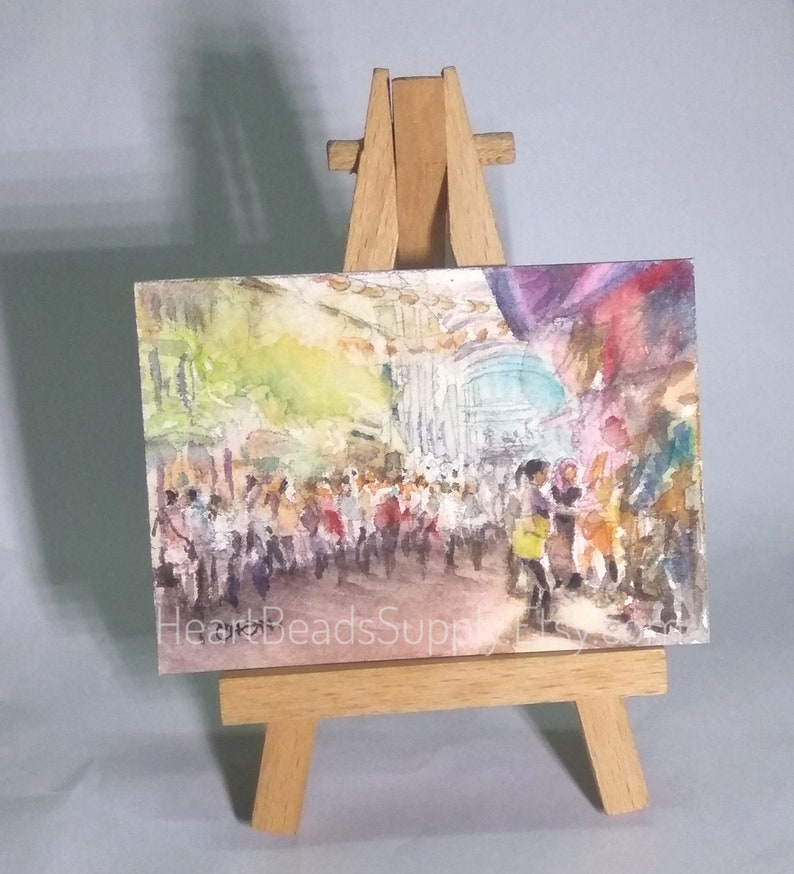 shopping Chinatown tourist street scene Asia watercolor painting id180525 atc miniature art landscape Original Aceo