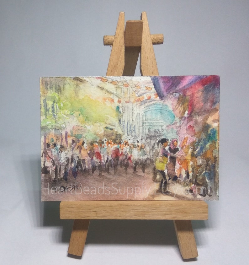 shopping Chinatown tourist street scene Asia watercolor painting id180525 atc miniature art landscape Original Aceo