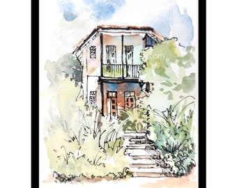 Black n white EJH corner house, Singapore Botanic Gardens, postcard, pen wash ink line peinture, painting id240412 watercolor, not a print