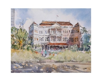 Raffles Hotel, Singapore original watercolor painting, tropical palm, asia travel, not a print, id230415 spring wallart, landscape