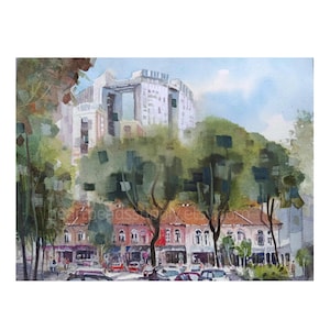 May include: A watercolor painting depicting a cityscape with a tall, light-colored modern building rising behind a row of traditional low-rise structures with orange roofs. Lush green trees fill the foreground, and cars are parked on the street.
