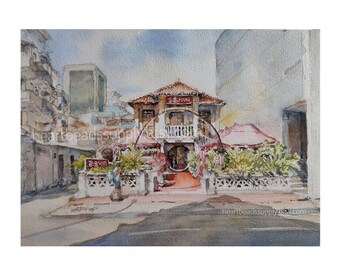 Little India, 9x12, old bungalow, Singapore painting, watercolor asia travel, not a print, landscape, wallart id230918