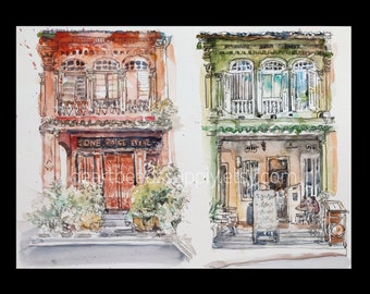 Peranakan Houses, Emerald Hill, Singapore, original watercolor painting, asia travel, not a print, id230901