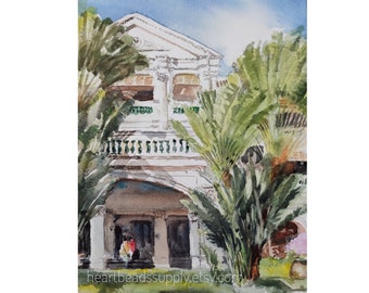 Raffles Hotel, Singapore, Tropical Palm trees, Original watercolor painting,  asia travel, not a print, id230906, spring wallart, landscape