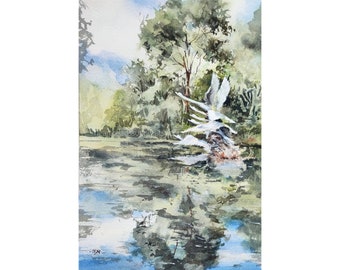 Take Flight, Swan Lake, Singapore Botanic Gardens, original watercolor painting, asia travel, not a print, id240416