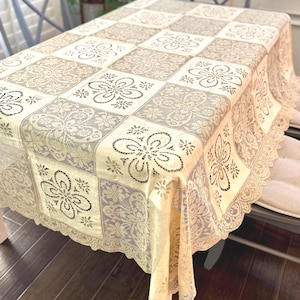 Antique Linen and Lace Tablecloth - Antique Cut Work Tablecloth - Champagne Linen and Lace - 68” x 86”