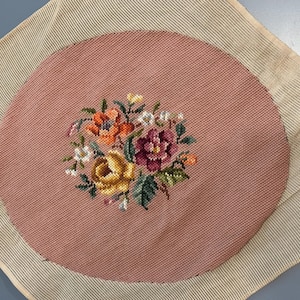 Vintage Handworked Embroidered Needlepoint Chair Seat - Multi-colored Floral Pattern Needlepoint - Mauve Needlepoint Completed