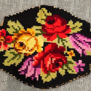 Antique Handworked Embroidered Needlepoint - Multi-colored Floral Pattern Needlepoint - 19th Century Needlework