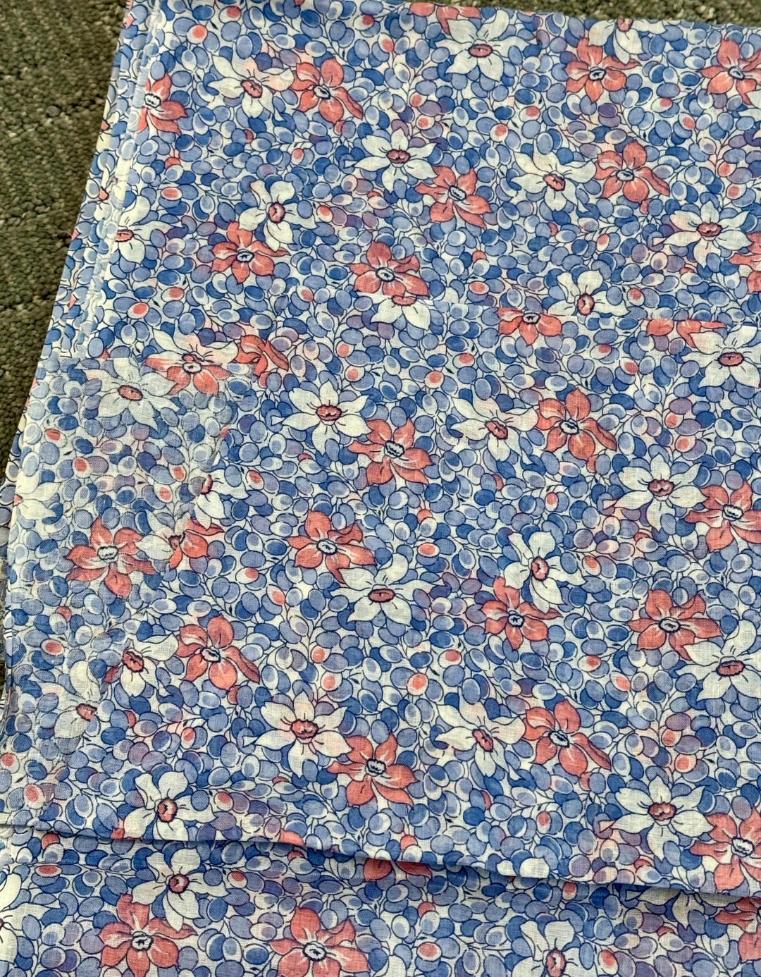 Lovely Vintage Fabric - Blue Pink and White Floral on Semi-sheer Light ...