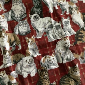 Vintage Fabric - Country Red with Grey and Brown Cat Design - David Textiles- Cat Fabric - 44” x 54”