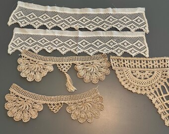 Lot of 5 Antique Crocheted Lace Pieces - Champagne and Cream Lace Trim - Draping Lace - Victorian Lace Crochet