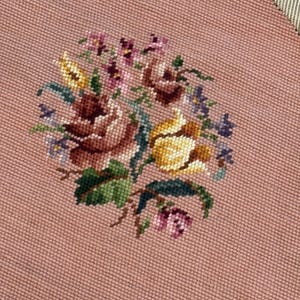 Vintage Handworked Embroidered Needlepoint Chair Seat - Multi-colored Floral Pattern Needlepoint - Mauve Needlepoint Completed