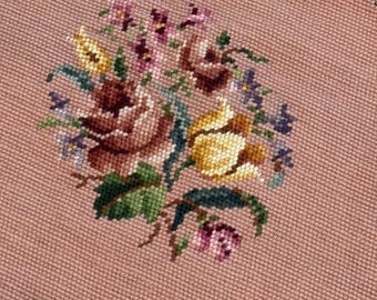 Vintage Handworked Embroidered Needlepoint Chair Seat - Multi-colored Floral Pattern Needlepoint - Mauve Needlepoint Completed
