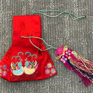 Antique Korean Traditional Handmade Norigae with Red Silk Embroidered Purse