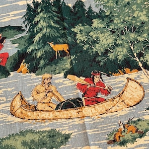 RARE 1940&#39;S Puritan Vat Bark Cloth Barkcloth Fabric - Frontiers Design - Indians and Pioneers Fabric - 34”W X 24”L  Bark Cloth Fabric