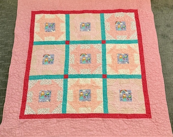 Handmade Vintage Baby Quilt – Pink Roses, 48” x 48”