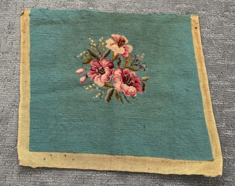 Lovely Antique Vintage Handworked Embroidered Needlepoint - Dusty Blue with Pink and Red Floral Pattern Needlepoint - Repurposed