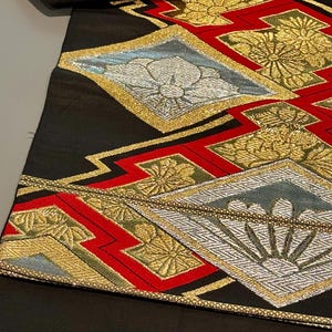 Stunning Vintage Obi - 100% Silk - Japanese Silk Obi Gold, Silver, Black and Red - Traditional Japanese Fabric