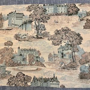 A Document Hand Print Fabric - Les Chateaux De La Loire - Antique French Fabric - 36” x 26”