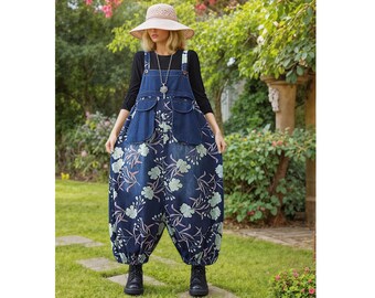 Denim jumpsuit dungarees, denim romper, plus size Playsuit , floral jumpsuit, wide leg jumpsuit, harem jumpsuit, yoga boho jumpsuit