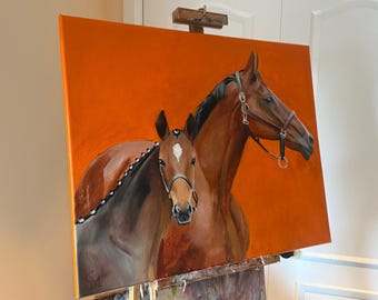 馬の水彩画 オレンジと黒 エルメスのオレンジ色の馬場馬術の油絵、黒い種馬のキャンバスアート