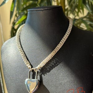 Sterling Silver hand woven necklace day collar heart padlock lightweight front clasp