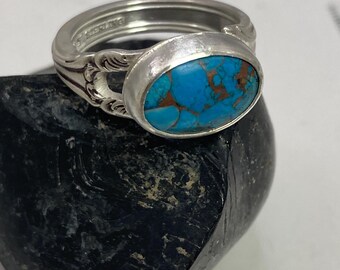 Hubei Turquoise Sterling Silver Spoon Ring with Copper Matrix - Size 8.5