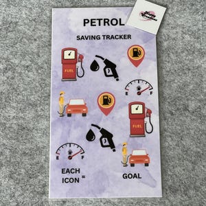 May include: A fuel saving tracker featuring petrol pump and car graphics. The text "PETROL SAVING TRACKER" is displayed at the top, with "EACH ICON = GOAL" at the bottom. A small sticker with the text "Happy Creations" is in the top right corner.