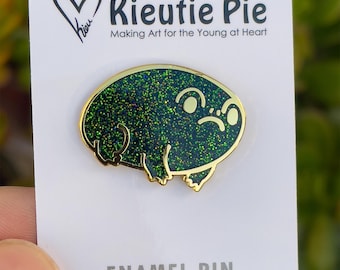 Grumpy Frog Enamel Pin - Green glitter, gold border, hard enamel frog pin, frowning frog, fat frog lapel pin