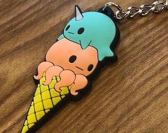 Narwhal Octopus Ice Cream keychain - Teal Coral, Cartoon Narwhal keychain, Cartoon Octopus backpack charm, Narwhal Gift, Octopus Gift