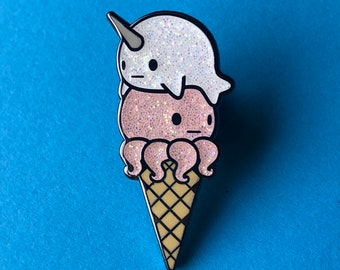 Narwhal Octopus Ice Cream - pink glitter Ice Cream Enamel Pin, Cute Ice Cream Pin,  Octopus Pin, Narwhal Pin, Ice Cream Cone Pin