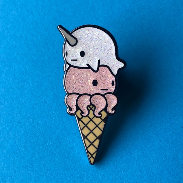 Narwhal Octopus Ice Cream - pink glitter Ice Cream Enamel Pin, Cute Ice Cream Pin,  Octopus Pin, Narwhal Pin, Ice Cream Cone Pin