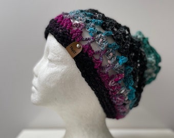 Black green hat, multi color hat, crochet snood, crochet hat, handmade hat, freeform crochet, boho hat, hippie hat, slouchy hat "written”