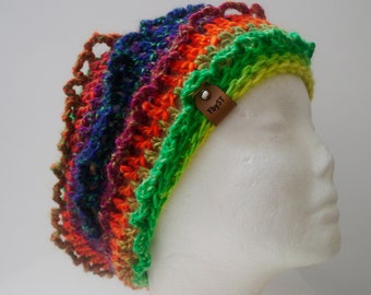 rainbow hat, striped hat, crochet hat, handmade hat, noro yarn hat, boho hat, gift for him, gift for her, slouchy hat "fluxus"