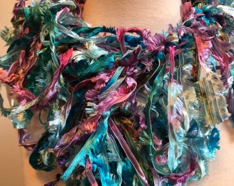 Blue purple boa, art scarf, silky scarf, loopy scarf, ribbon boa, sexy scarf, ribbon scarf, long scarf, gift for her "blossom”