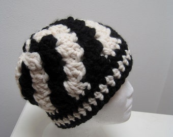 black and cream hat, black and cream cap, crocheted cap, chunky cap, handmade hat, hand made cap,  "bold"