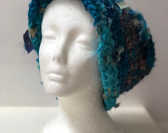 Blue scrap hat blue sari scrap hat brimmed hat crocheted hat handmade hat upcycled fabric hat "rivulet”