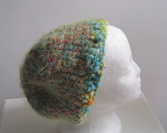 blue green hat, handmade hat, art hat, blue green cap, mixed fiber cap, warm cap, soft hat "Melinda"