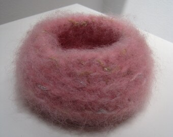 pink felted bowl, pink crocheted "nest" pink felted basket fuzzy pink bowl blue yellow gold  "peep"