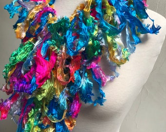 Bright blue rainbow boa, blue neon rainbow scarf, silky scarf, art scarf, ribbon scarf, handpainted scarf, gift scarf "intensity"