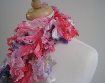 pink boa, pink scarf, silky scarf, art scarf, ribbon scarf, handpainted scarf, mother's day gift, spring scarf  "rosebud"