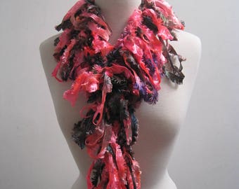 neon orange boa, purple olive crocheted scarf silky loopy handpainted polymide ribbon "tesla"