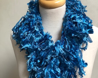 Blue boa, art scarf, silky scarf, loopy scarf, ribbon boa, sexy scarf, ribbon scarf, long scarf, gift for her "riverine”