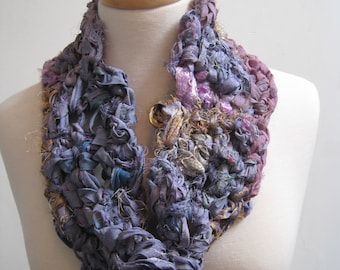 lavender cowl, freeform neckpiece, upcycled fabric, hippie scarf, boho scarf, handmade scarf, art scarf, free form crochet l"autre"