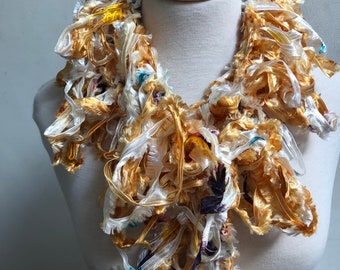 White gold boa, gold blue boa, silky scarf, loopy scarf, ribbon boa, sexy scarf, ribbon scarf, long scarf, gift for her "lioness”