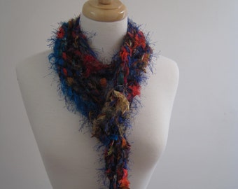 blue red scarf blue red belt blue red garland crocheted rope long scarf gift scarf one of a kind scarf skinny scarf "punchinello"